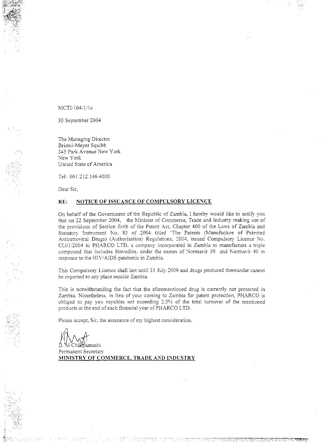Letter from Zambian Minister of Commerce, Trade and Industry to Bristol-Myers Squibb