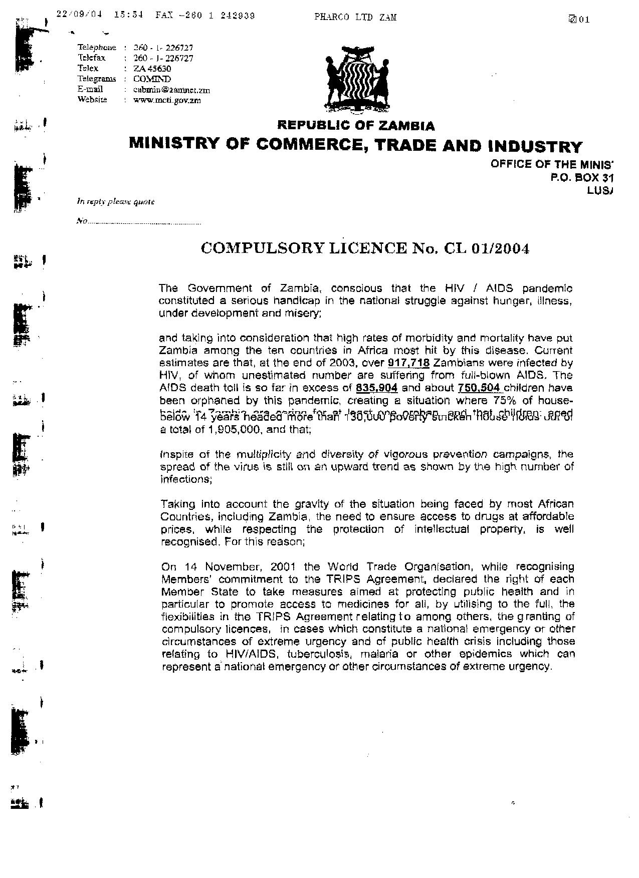 Zambia Compulsory License